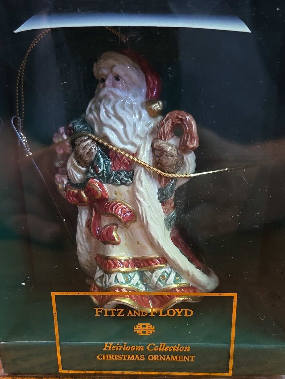 Fitz and Floyd Red, White & Green Santa Ornament with Gold Accents